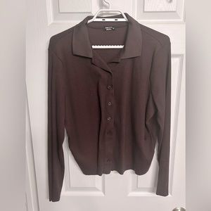 Ardene Dark Plum Collared Button Down Cropped Long Sleeve Shirt